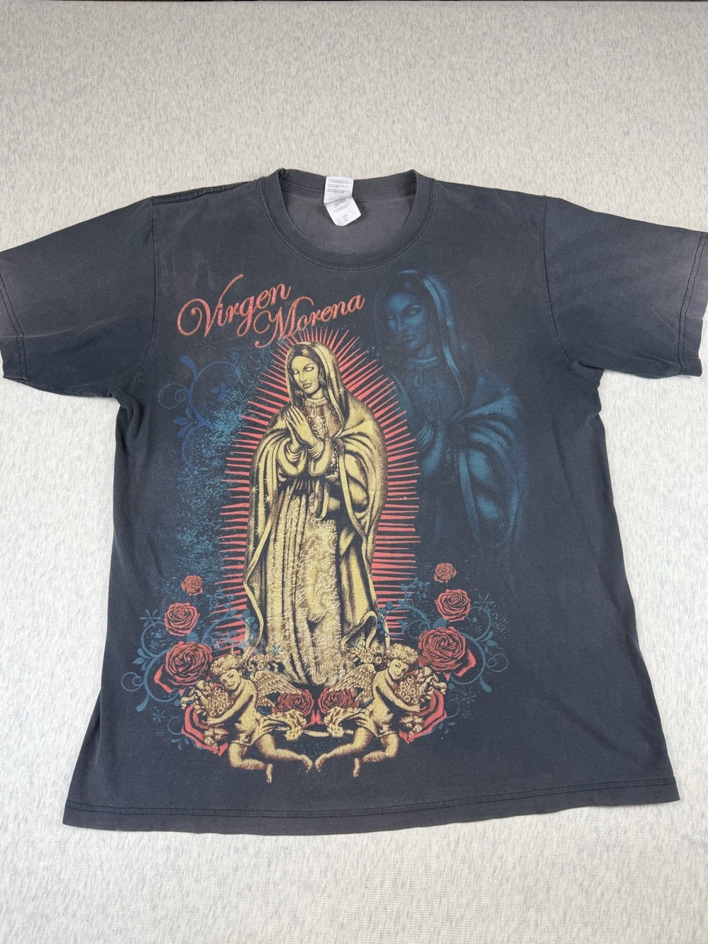 Virgen Morena Our Lady of Guadalupe Graphic T-Shirt Size L Religious Distressed